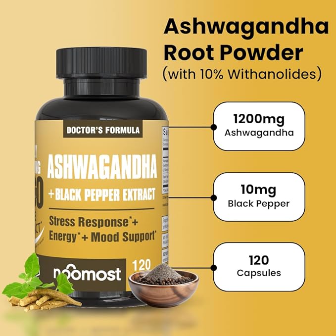 NooMost Ashwagandha 1200mg Supplement | 10% Withanolides with Black Pepper Extract | Pure Root Extract for Stress Relief, Promotes Energy, Mood, Helathy Sleep for Men & Women | 120 Capsules