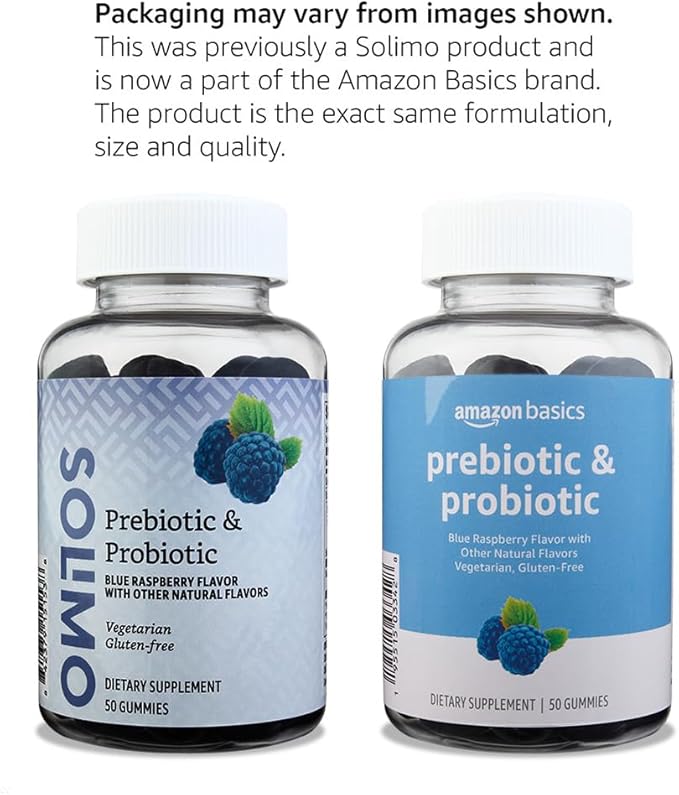 Amazon Basics Prebiotic & Probiotic Gummies, 2 Billion CFU, Blue Raspberry, 50 Count (2 per Serving) (Previously Solimo)