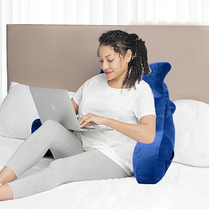 SLIGUY Reading Pillow for Sitting in Bed Couch Adult, Back Pillow with arm Support and Pockets, Adult Back Pillow Bed Chair for Bed Rest, Reading, Watching TV, Gaming for Boys and Girls Blue