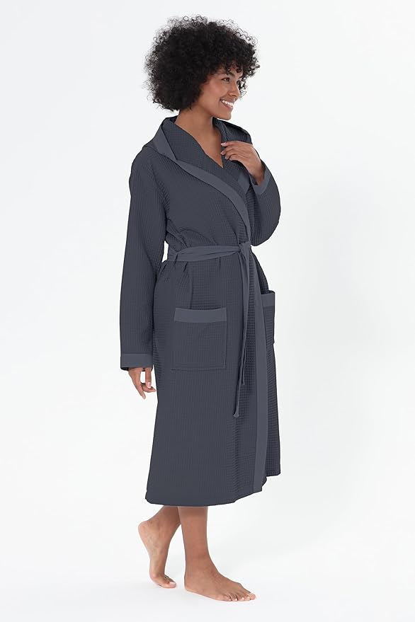 SEYANTE Women’s Luxury Waffle Shawl Collar, Hooded Robe w Piping – Lightweight, Long, Ultra Soft Spa Sleepwear Bathrobe