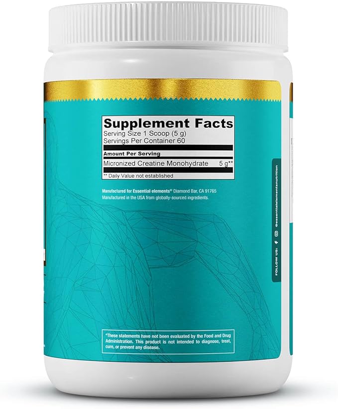 Essential Elements Monohydrate Creatine Powder for Women and Men - Micronized Creatine Instantized - Unflavored Pure Creatine Powder Supplements 120 Servings (2 Pack)