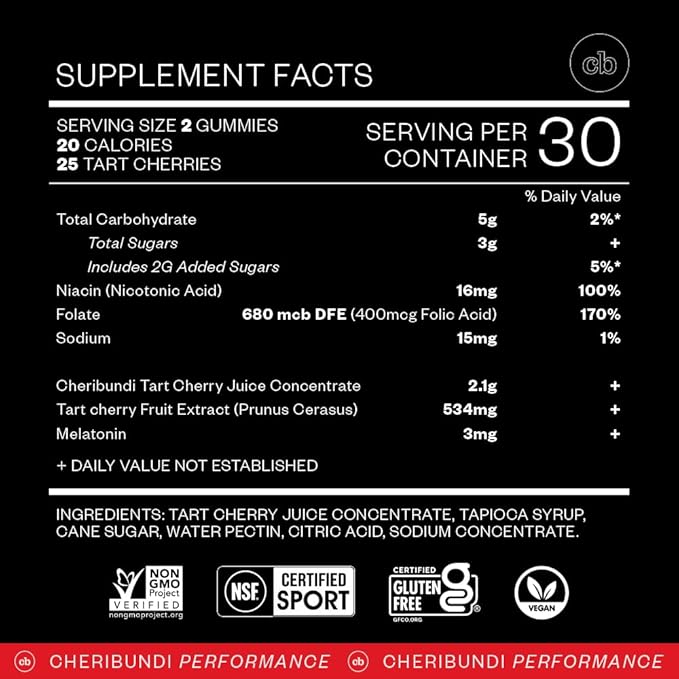 Cheribundi Tart Cherry Gummies Sleep | Performance for Maximum Recovery with 25 Tart Cherries | Powerful Antioxidant Support, Non-GMO, Gluten-Free, Vegan | 20 Calories per Serving | 60 Count