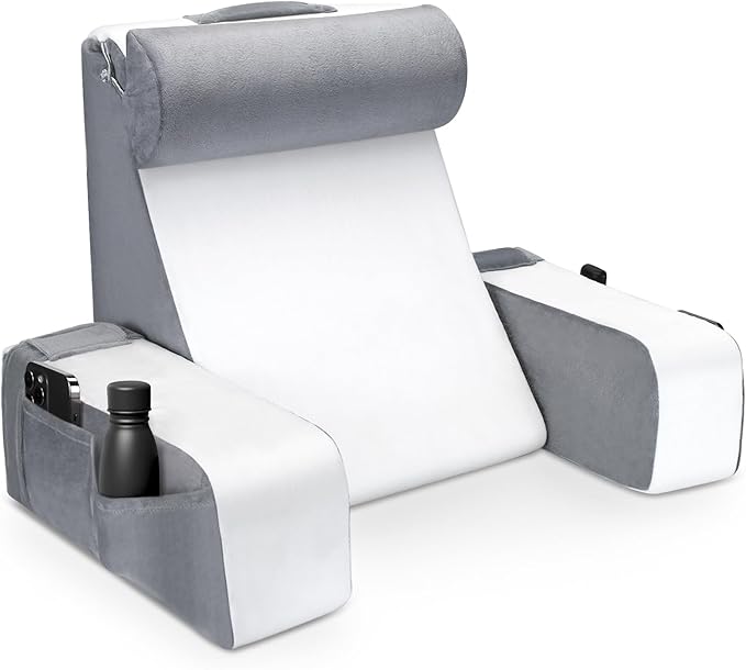 Reading Pillow for Sitting in Bed Adult, Back Pillow for Bed Sitting Up, Full Support for Comfort Solid Foam Chair with Arms Rest and Head Rest Pillow for Watching TV/Reading -19in (Grey & White)