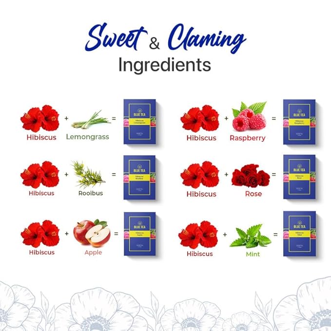 BLUE TEA - Hibiscus Assorted Tea Gift Set | 30 Count - Pyramid Plant Based Tea Bag - 6 Floral Blends | VARIETY PACK | Caffeine-Free - Flower Based - Non-Bitter - Vegan | Gifts for Him and Her