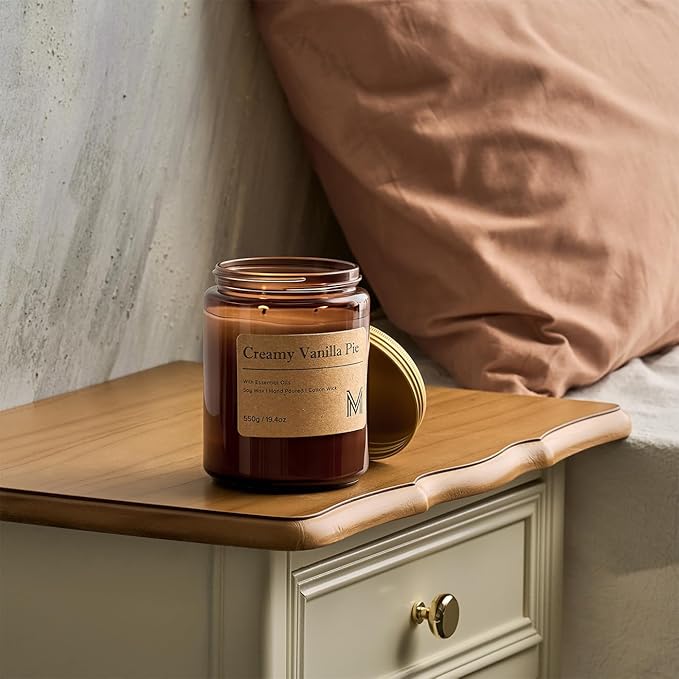M&SENSE Creamy Vanilla Pie Home Scented Candle | 19.4oz, 116-Hour Burn | Natural Organic Soy Wax | Long-Lasting for Stress Relief and Gifting | for Bedroom,Relaxing SPA,Office