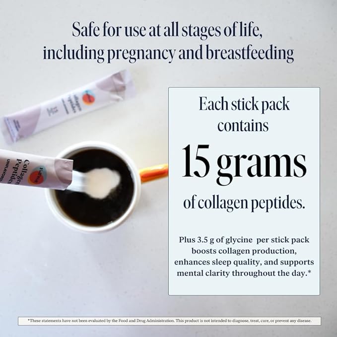 FullWell Hydrolyzed Collagen Peptide Stick Packs, Breastfeeding & Pregnancy Safe Grass-Fed Collagen Travel Packs, 15g Unflavored Collagen, 30 Servings