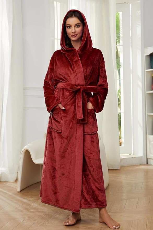 HEARTNICE Womens Long Hooded Robe, Soft Warm Fleece Bathrobes Full Length Plush House Coat