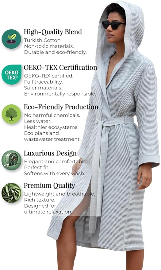 SEYANTE Women’s Luxury Waffle Shawl Collar, Hooded Robe w Piping – Lightweight, Long, Ultra Soft Spa Sleepwear Bathrobe