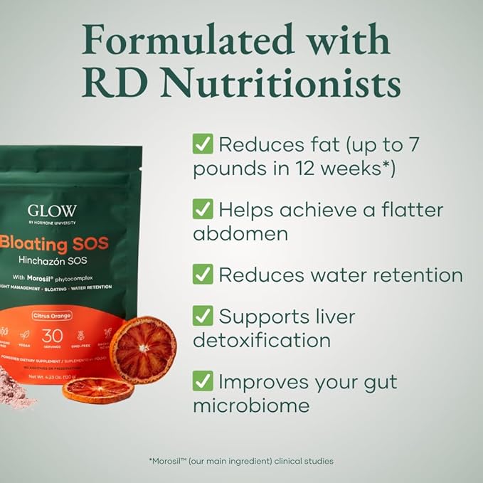 Glow Bloating SOS Drink Powder, Bloating Relief for Women with Morosil & Digestive Enzymes, for Water Retention, Metabolism, Gut Health & Immune Support, Citrus Orange - Dietitian Co-Developed