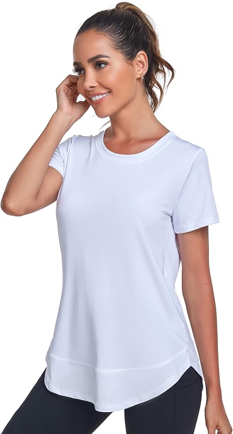 Women's Short Sleeve Workout Shirts Crewneck Sports Yoga Running Dry Fit Tops Side Split Tee