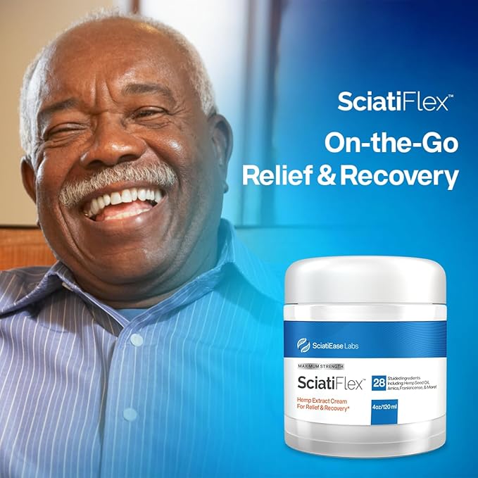 SciatiFlex Topical Sciatic Cream - Maximum Strength for Sciatic Nerve Discomfort in The Lower Back, Hips, Buttocks, Legs and Feet - Hemp Cream with Arnica Extract, Shea Butter, Aloe Vera - 4oz