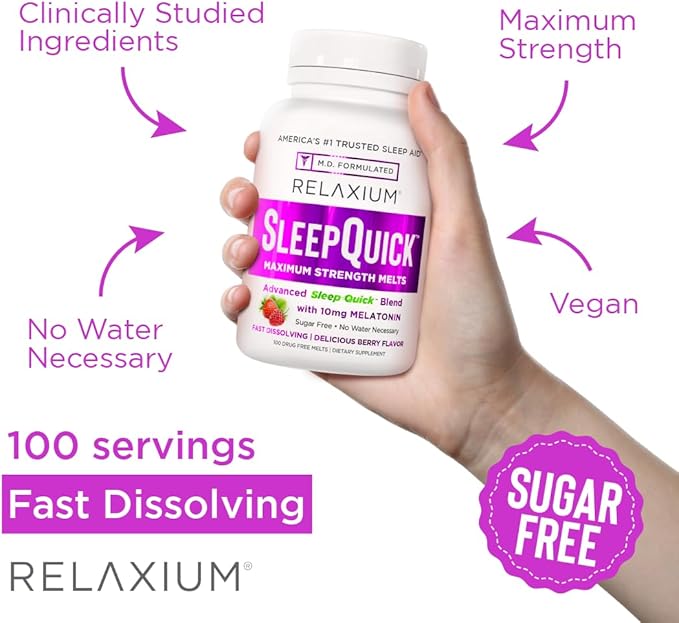 Relaxium Sleep Quick Maximum Strength Melts, Fast Acting Sleep Aid with 10 mg Melatonin, Drug Free Dietary Supplement, Vegan, Gluten Free, Made in USA, 100 Servings, Berry Flavor