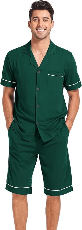 COLORFULLEAF Men's 100% Cotton Short Sleeve Pajama Sets Button Down Notched Collar Sleepwear Soft Lounge Pjs with Pockets