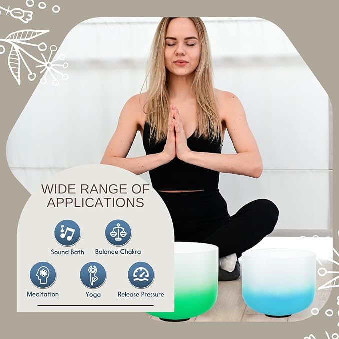 6-12inch 432hz Quartz Crystal Singing Bowls Set of 7, for Healing Mindfulness Meditation Yoga Sound Baths