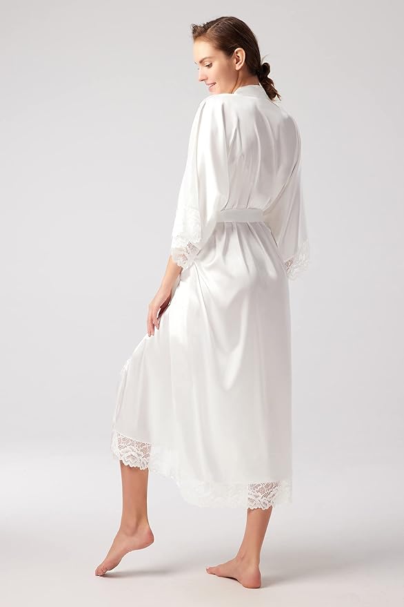 BABEYOND Satin Kimono Robe Silky Long Bridesmaid Wedding Lightweight Bath Robe with Lace Trim