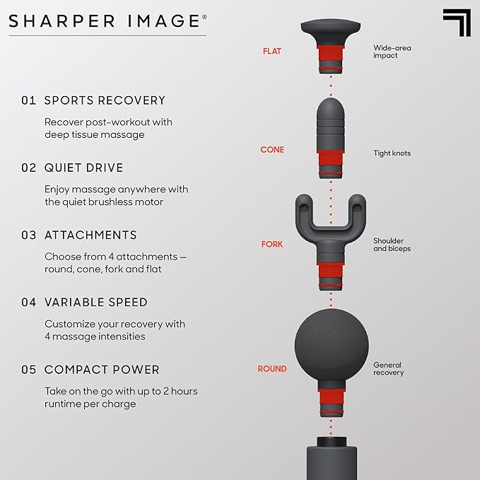 Sharper Image Percussion Massage Gun, Powerboost Move, Lightweight & Portable, 4 Attachments, 4 Speeds, Full Body Back & Shoulder Massager for Deep Tissue Muscle Recovery, Pain Relief & Soreness