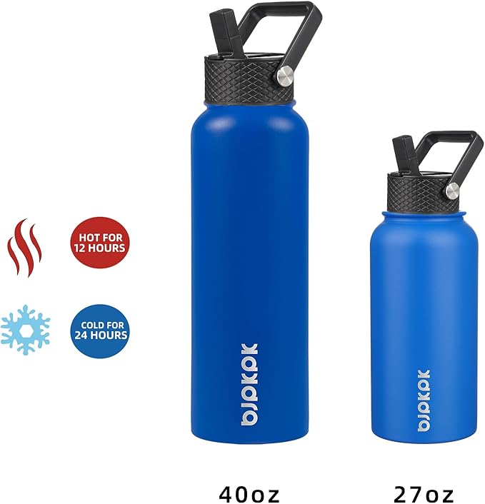 BJPKPK Insulated Water Bottles with Straw Lid, 27oz Stainless Steel Water Bottle with 3 Lids, Leak Proof BPA Free Metal Thermos Mug, Sports Water Bottle Keep Cold & Hot- Sapphire (Pack of 5)