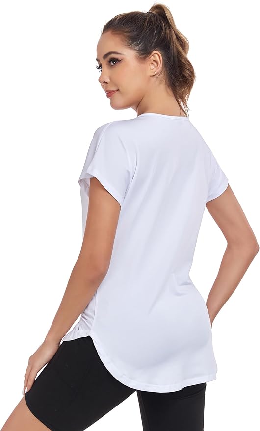 Women's Short Sleeve Workout Shirts V Neck Exercise Yoga Basic Top Quick Dry Side Split