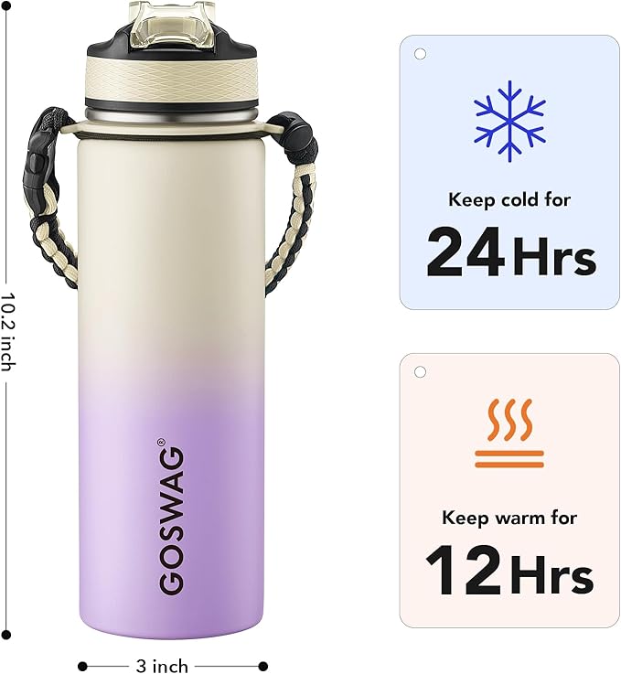 GOSWAG Insulated Sports Water Bottle, 24oz 2 Lids(with Straw/No Straw), Stainless Steel Water Bottles with Paracord Handle, Insulated Bottle with Double-Wall Vacuum Insulation