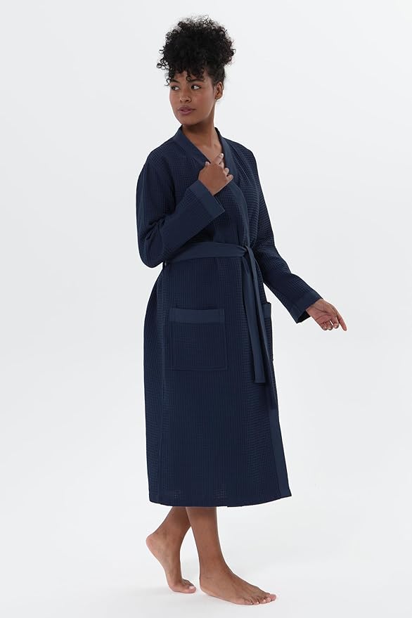 SEYANTE Womenโs Luxury Waffle Shawl Collar, Hooded Robe w Piping โ Lightweight, Long, Ultra Soft Spa Sleepwear Bathrobe