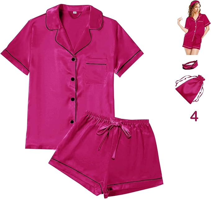 4Pcs Womens Satin Silky Pajama Sets Short Sleeve Shirt XS-4XL Floral Pajamas Set Soft PJ Loungewear Sleepwear