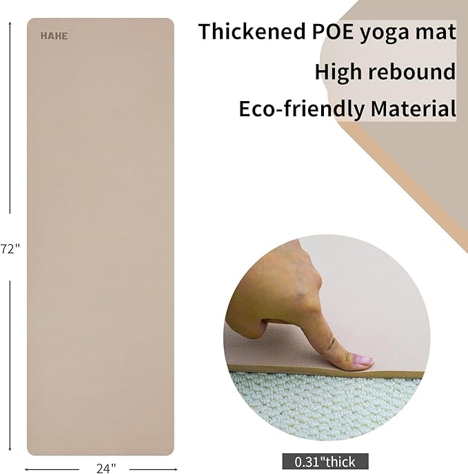 HAHE Yoga Mat Thick (8MM,1/3"), Eco-Friendly POE Non Slip Yoga Mat, High Rebound & Shock Absorption, Anti-Tear & Sweat-Resistant for Yoga, Fitness, Home, Workouts, Large Pilates Mats 72"x24" with Carrying Strap