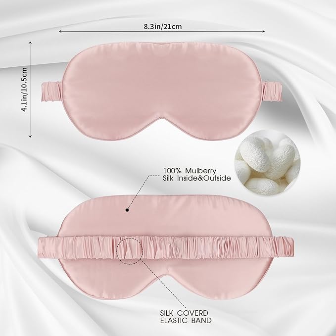 Silk Eye Mask for Sleep for Women/Men/Adults Blackout 100% Mulberry Silk Sleeping Mask for Travel/Plane/Side Sleeper with Elastic Strap,Pink