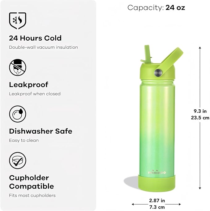 Insulated Stainless Steel Water Bottle with Straw, Ceramic-Lined, BPA-Free & Leak-Proof, 24 oz, Neon Dew