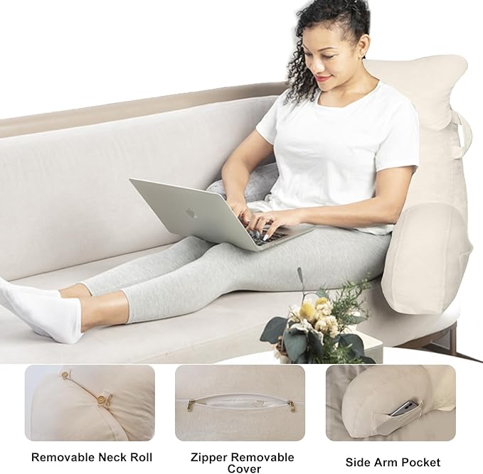 SLIGUY Reading Pillow for Sitting in Bed Couch Adult, Back Pillow with arm Support and Pockets, Adult Back Pillow Bed Chair for Bed Rest, Reading, Watching TV, Gaming for Boys and Girls Beige