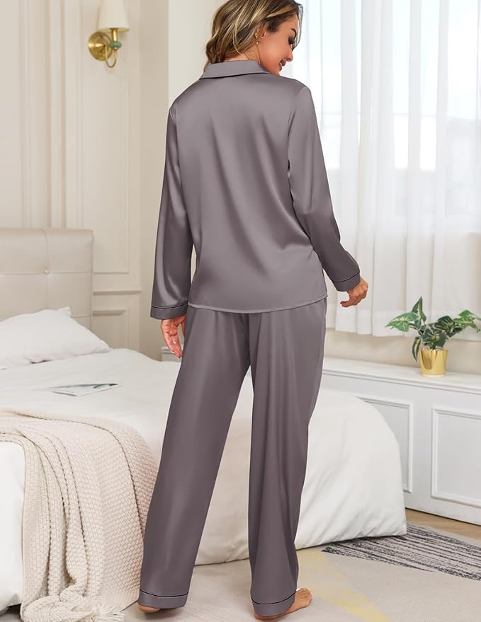 Veseacky Womens Satin Pajama Set Silk Pjs Button Down Long Sleeve Sleepwear Loungewear Sleepwear 2 Piece Pjs Set S-XXL
