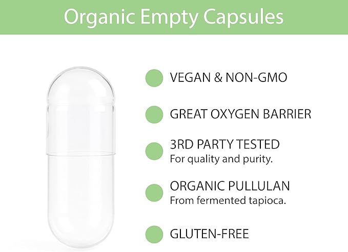 KOYAH Certified Organic Empty Pullulan Capsules: Size 0, Vegan, Gluten-Free, Non-GMO, Allergen Free – Ideal for DIY Supplements (500 Count)