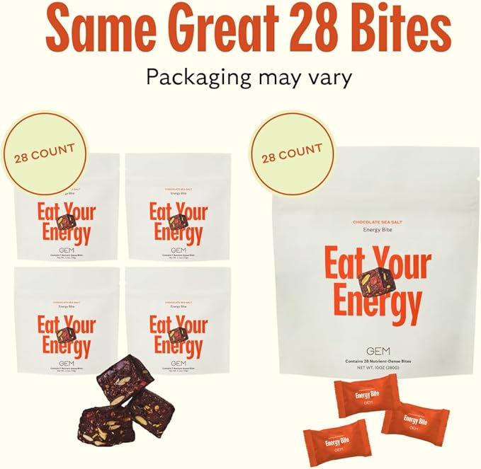 GEM Energy Caffeinated Bite, 40mg Caffeine, Ginseng Root, L-Theanine, Holistic Sustained Energy, Supports Metabolism, Stamina & Endurance | Chocolate Cacao Sea Salt | 28 Servings