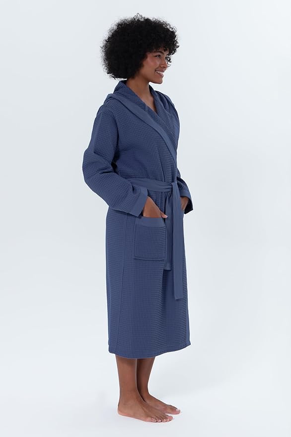 SEYANTE Women’s Luxury Waffle Shawl Collar, Hooded Robe w Piping – Lightweight, Long, Ultra Soft Spa Sleepwear Bathrobe