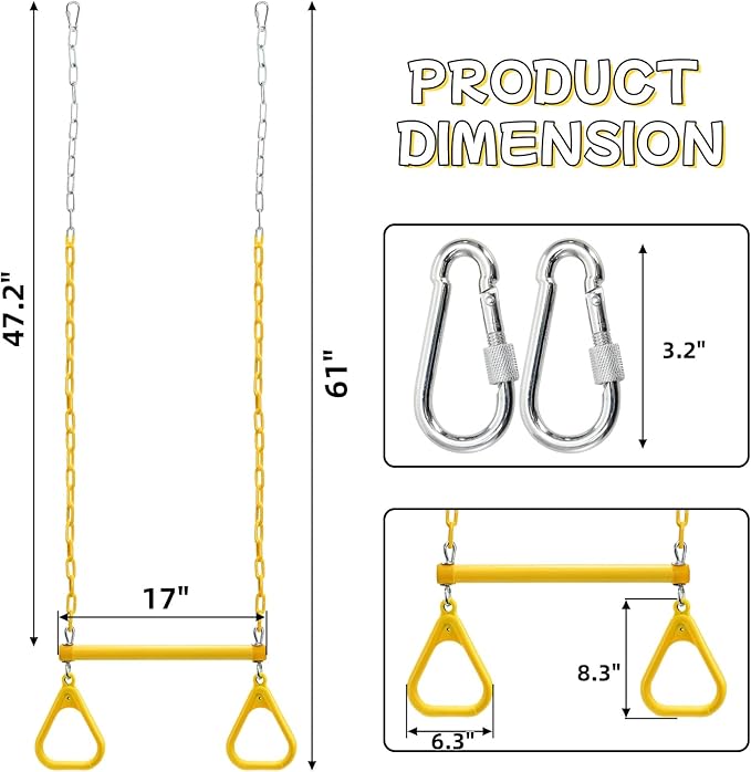 Trapeze Swing Bar Rings, 17" Heavy Duty Plastic Coated Chains Swing Set Chain with Locking, Trapeze Monkey Bar Accessories for Home Gym, Strength Training, Fitness