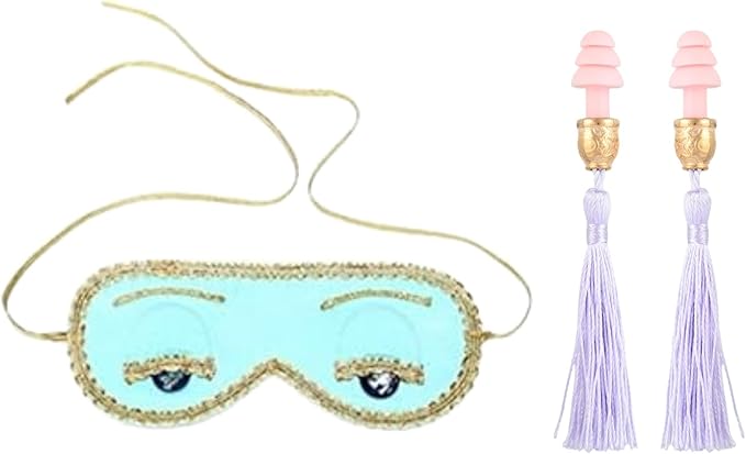 Utopiat Audrey Hepburn Style Silk Sleep Mask & Ear Plugs with Tassel Set for Women | Cute Eye Mask Earplugs Sleeping Beauty Set Costume Accessory