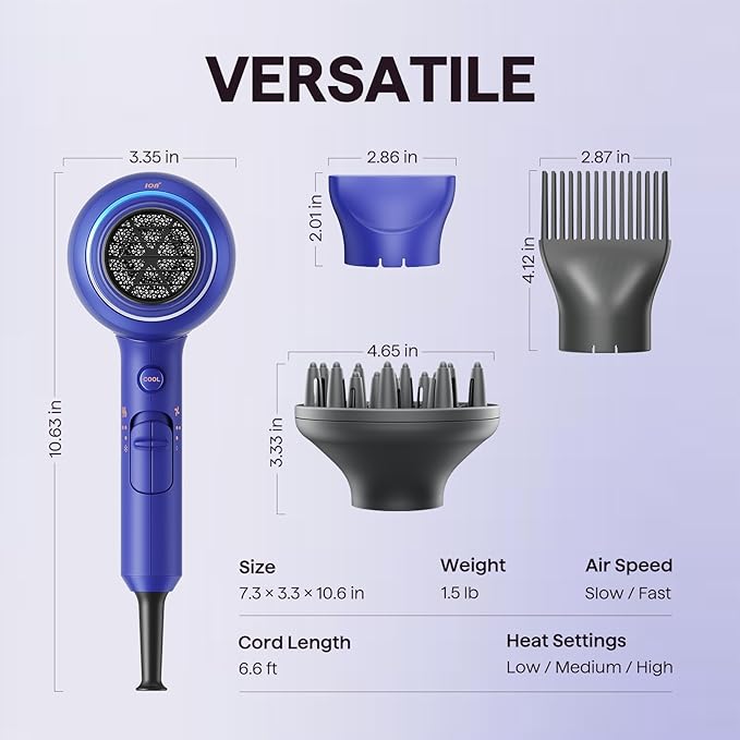 Wavytalk Hair Dryer with Diffuser, Blown Away Ionic Hair Dryer for Curly Hair, 1875W Fast Drying Blow Dryer with Ceramic Technology, 3 Attachments for All Hair Types, Light and Quiet, Sapphire Blue