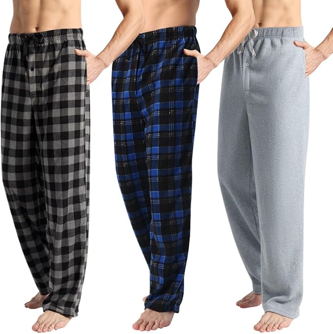 3 Pack Men's Fleece Pajama Pants Bottoms– Lounge Sleepwear Plaid PJs with Pockets and Button Fly