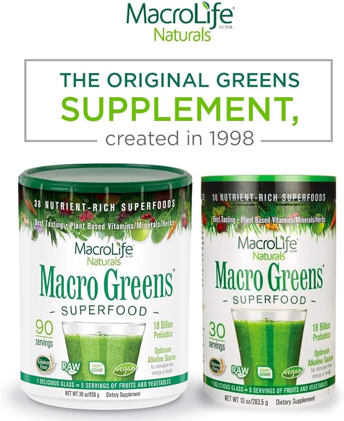 MacroLife Naturals Macro Greens Powder 38 Superfood Probiotic Antioxidant Enzyme & Herbal Supplement Immunity Energy Cleanse - Non-GMO Vegan Gluten-Free Dairy-Free (90 Servings)