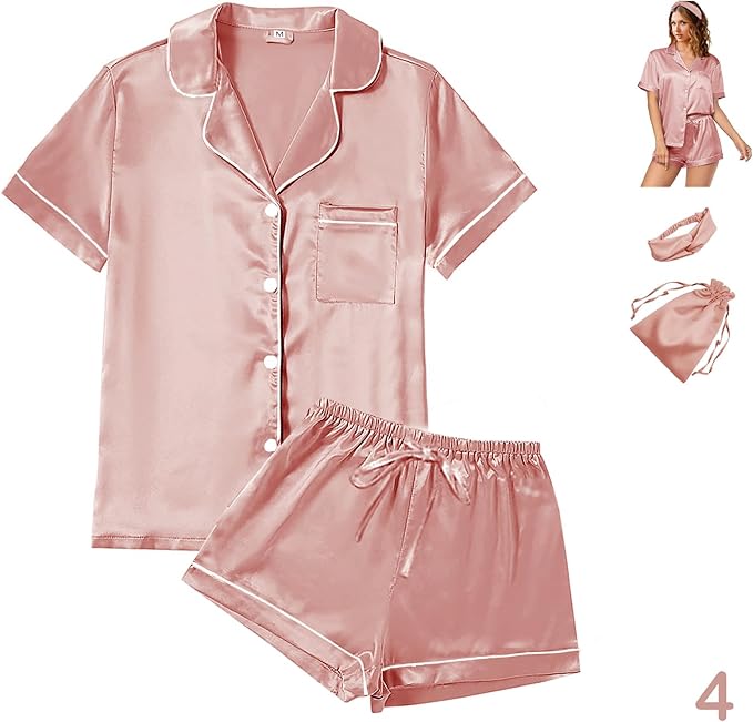 4Pcs Womens Satin Silky Pajama Sets Short Sleeve Shirt XS-4XL Floral Pajamas Set Soft PJ Loungewear Sleepwear