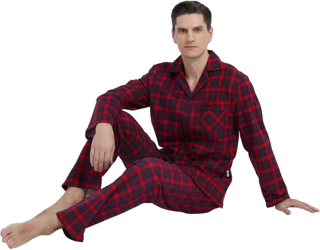 GLOBAL Men's Pajamas Sets 100% Cotton Flannel Sleepwear Long-Sleeve top & Bottom
