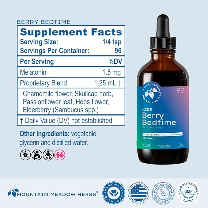 Mountain Meadow Herbs Berry Bedtime – Kids Sleep Support Drops with Melatonin, Chamomile, Lemon Balm & Passionflower - Natural Sleep Aid for Children – 4 oz