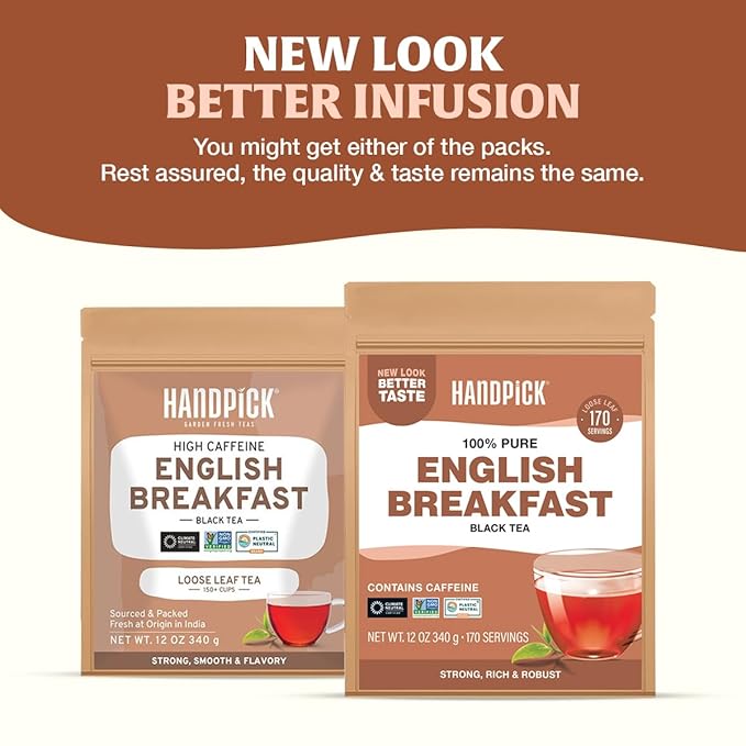 HANDPICK, English Breakfast Tea Loose Leaf (340g/12oz) Strong, Robust, High Caffeine Black Tea Loose Leaf | Non-GMO | Resealable, Ziplock Pouch | Brew Hot, Iced or Kombucha tea | Assam Black Tea