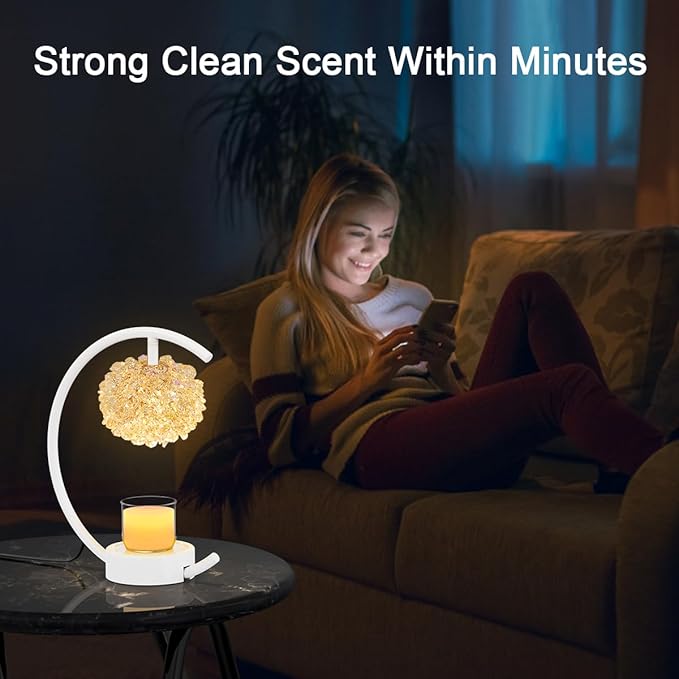 White Candle Warmer Lamp for Jar Candles with Adjustable Brightness&Timer,Handcrafted Crystal&Wooden Base,Candle Lamp Luxurious Design+2Bulbs,Home Decoration Electric Candle lamp(C-Shaped)