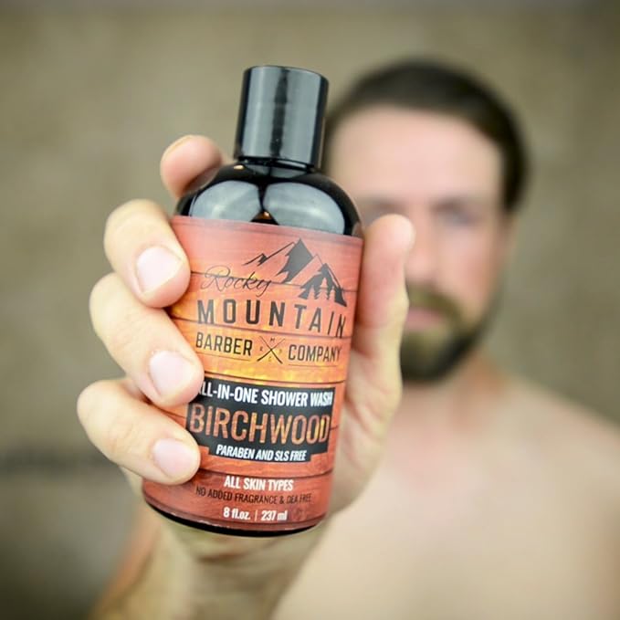 Rocky Mountain Barber Company Birchwood All-In-One Body Wash – Shampoo, Body Wash, Conditioner, Face Wash & Beard Wash with Essential Oils - 8 oz