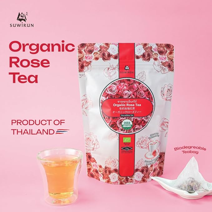 Suwirun Organic Rose Tea 25 Bags โ 100% Pure Rose Petals โ Delicate Floral Aroma, Naturally Caffeine-Free โ Relaxing Herbal Tea, Enjoy Hot or Cold
