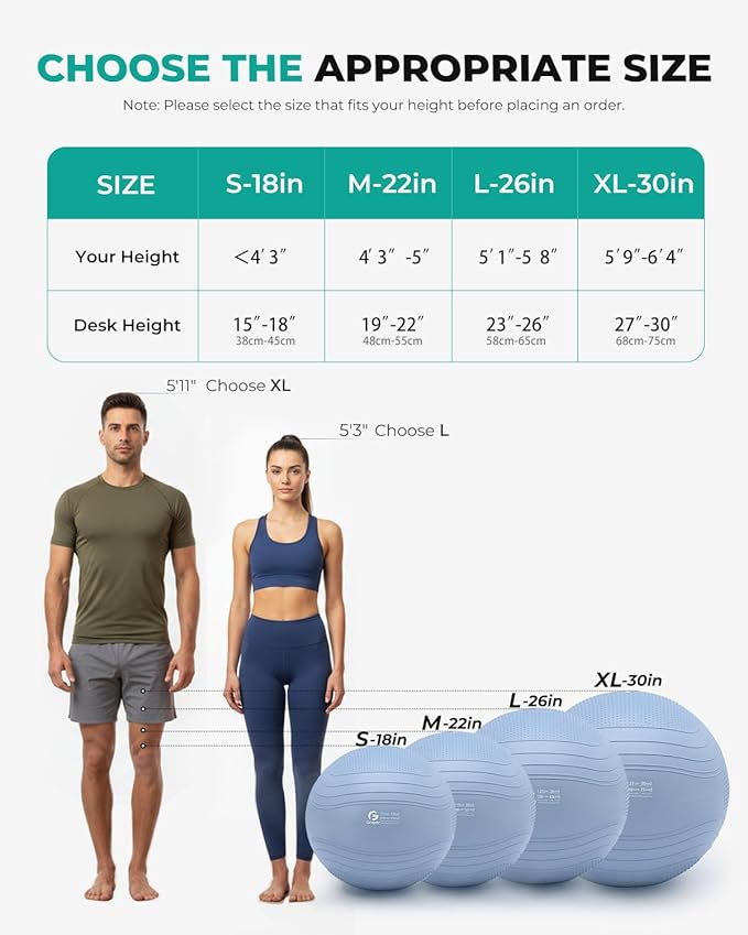 Gruper Yoga Ball, Extra Thick Exercise Ball for Workout Pregnancy Stability - 4 Sizes Anti Burst Balance Ball for Yoga, Pilates, Fitness, Birthing, Physical Therapy - Includes Pump
