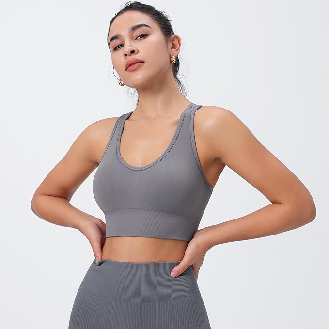 Evercute Sports Bra for Women Padded Medium Support Criss Cross Strappy Bras Seamless High Impact Yoga Exercise Athletic Bras