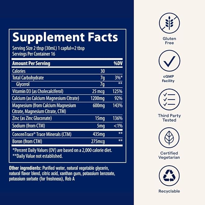 Trace Minerals | Liquid Cal/Mag/Zinc | Calcium, Magnesium, Zinc, Vitamin D3 Supplement | Supports Normal Tissue, Muscle, and Bone Density | Natural Piña Colada Flavor | 16 Servings, 16 fl oz.