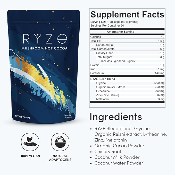 RYZE SUPERFOODS Mushroom Hot Cocoa Melatonin Sleep Supplement, Keto Cocoa Powder with Reishi Mushroom, Melatonin, Glycine, Cacao, L-Theanine, Chicory to Help Fall Asleep and Stay Asleep, 20 Servings