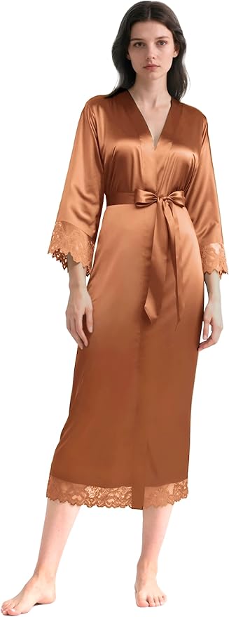 BABEYOND Satin Kimono Robe Silky Long Bridesmaid Wedding Lightweight Bath Robe with Lace Trim